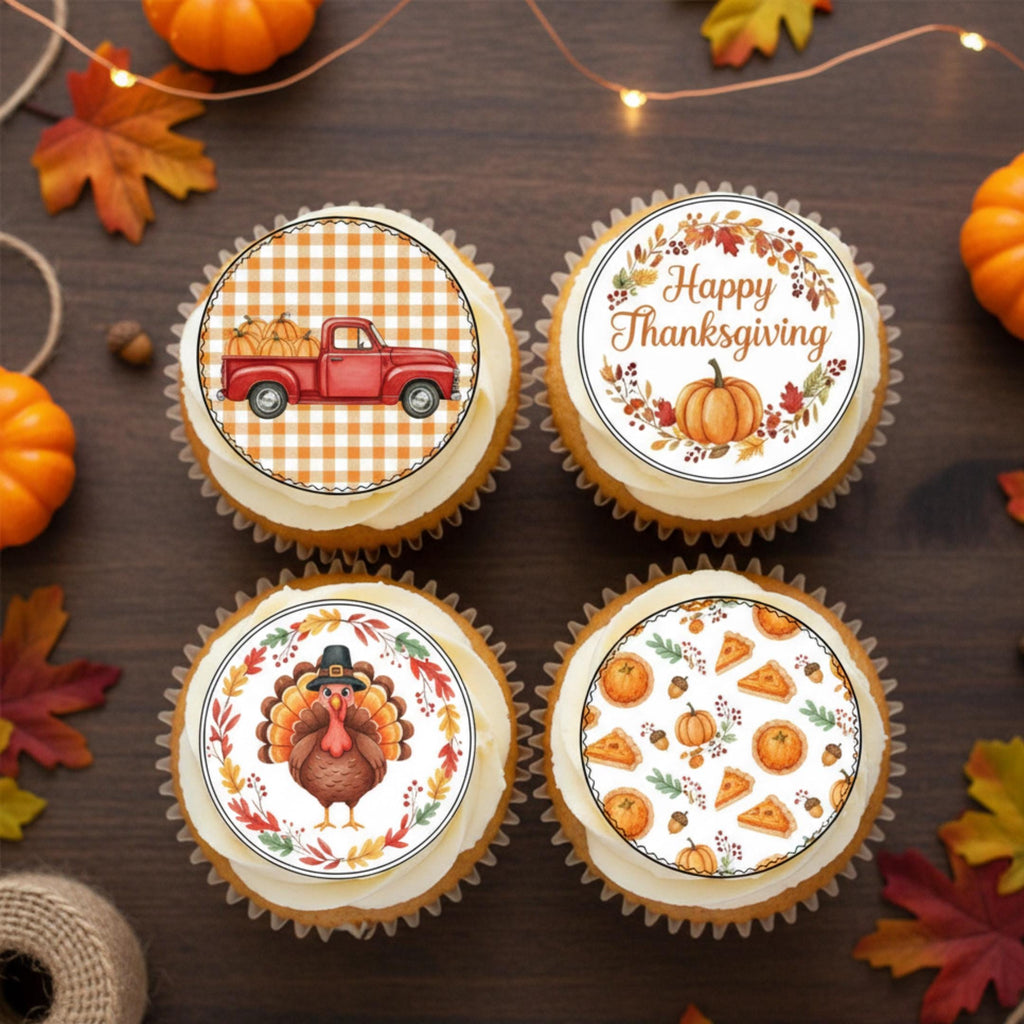 Edible Thanksgiving cupcake toppers featuring pumpkins, turkeys, and fall leaves by SugarPrints for festive desserts.