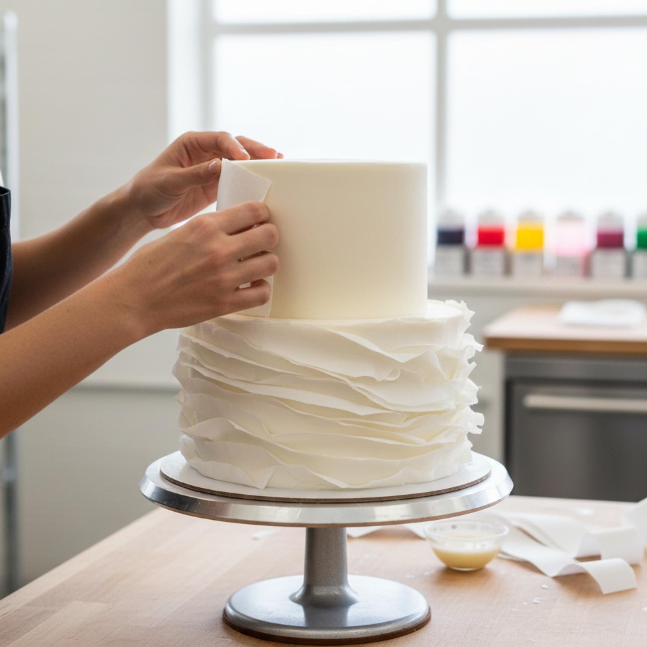 Pre Cut Wafer Paper Ruffle Strips Edible Cake Ruffles Wedding Birthday Cakes Pre cut wafer paper ruffle strips, 21 cm by 2 cm, edible cake decoration.