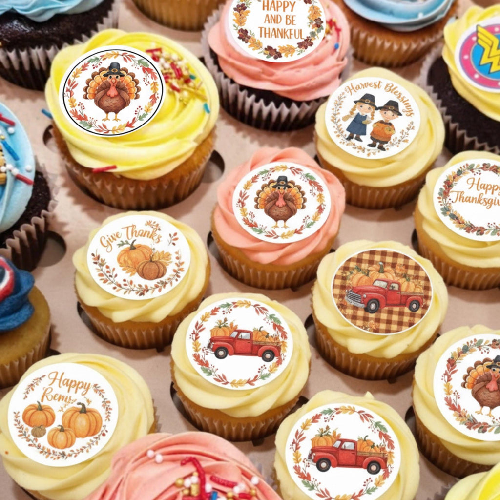 Edible Thanksgiving cupcake toppers featuring pumpkins, turkeys, and fall leaves by SugarPrints for seasonal decorating.