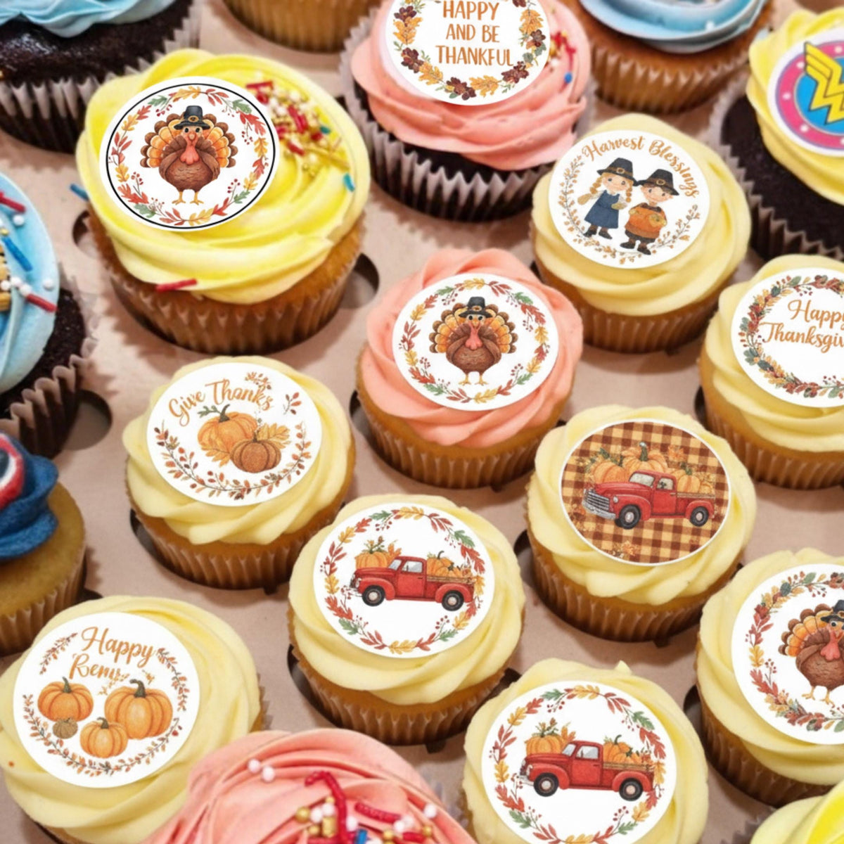 Edible Thanksgiving cupcake toppers featuring pumpkins, turkeys, and fall leaves by SugarPrints for seasonal decorating.