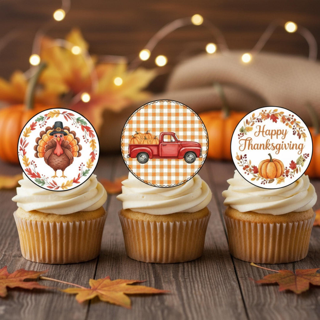 Edible fall cupcake toppers featuring pumpkins, turkeys, and leaves for Thanksgiving by SugarPrints by Alexis.