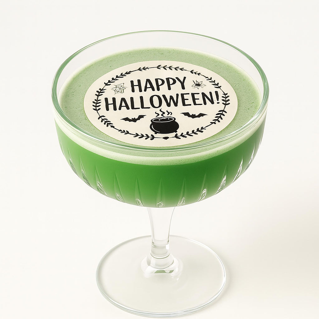 Halloween edible drink toppers by SugarPrints, wafer paper cocktail floating decorations for spooky beverage garnishes.