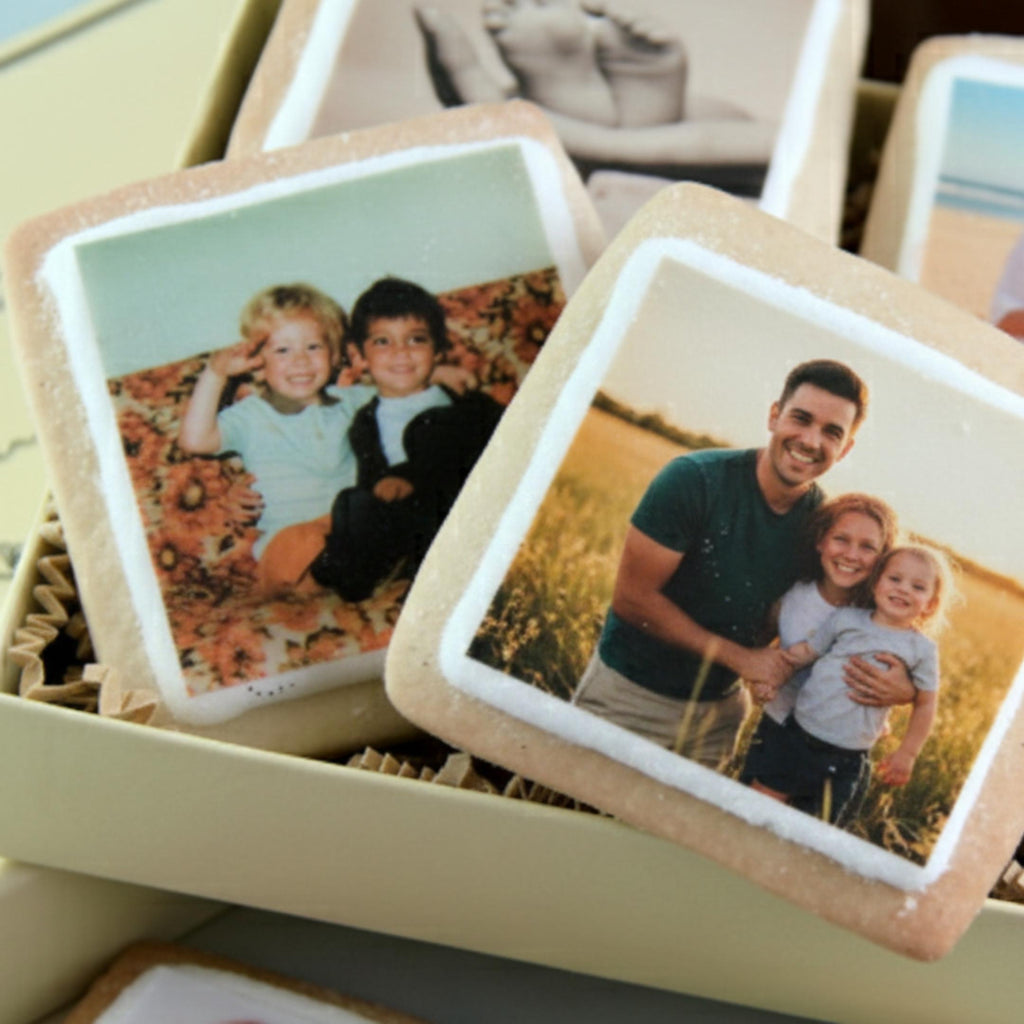 Edible polaroid style photo rectangles on icing sheet, custom caption.