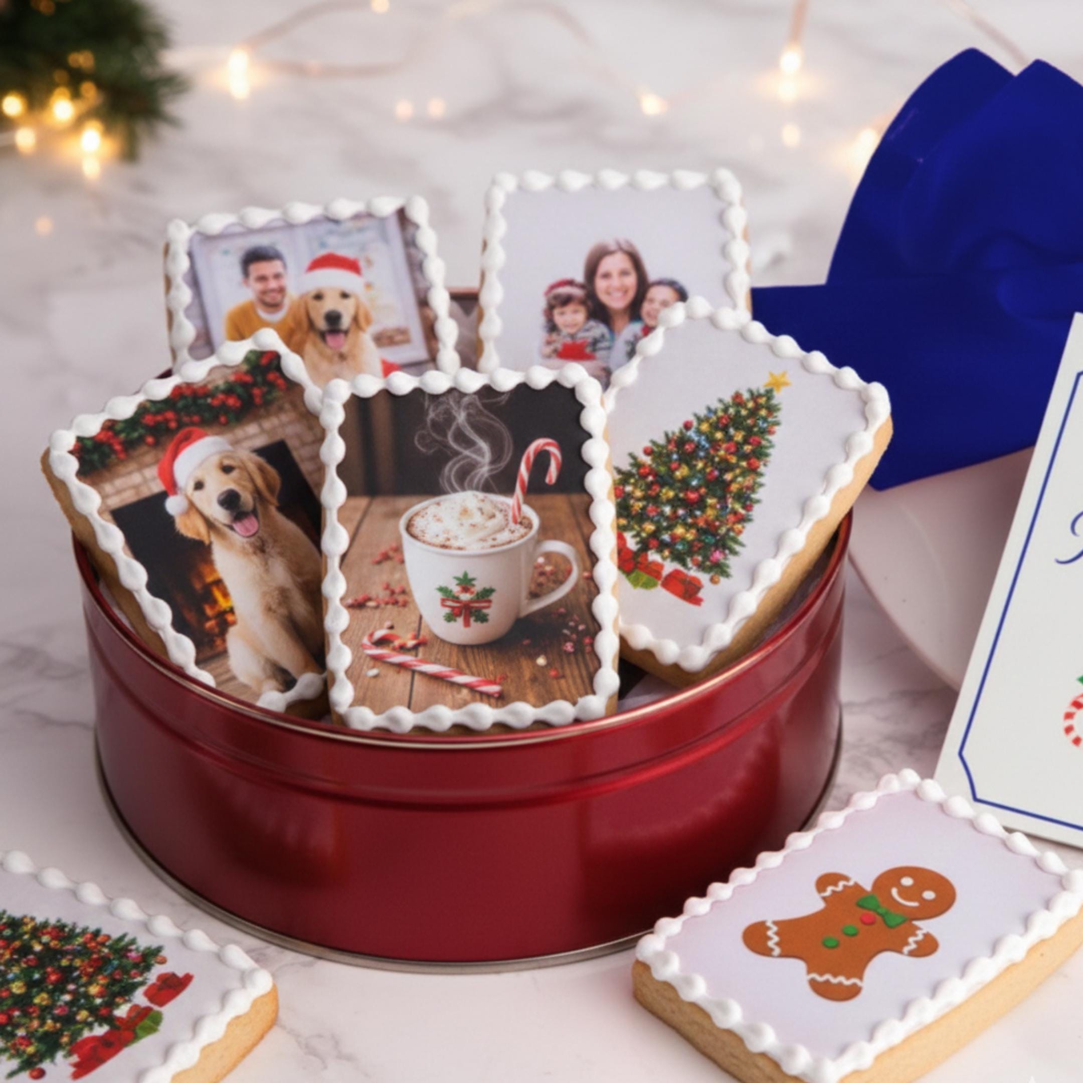 Edible polaroid style photo rectangles on icing sheet, custom caption.