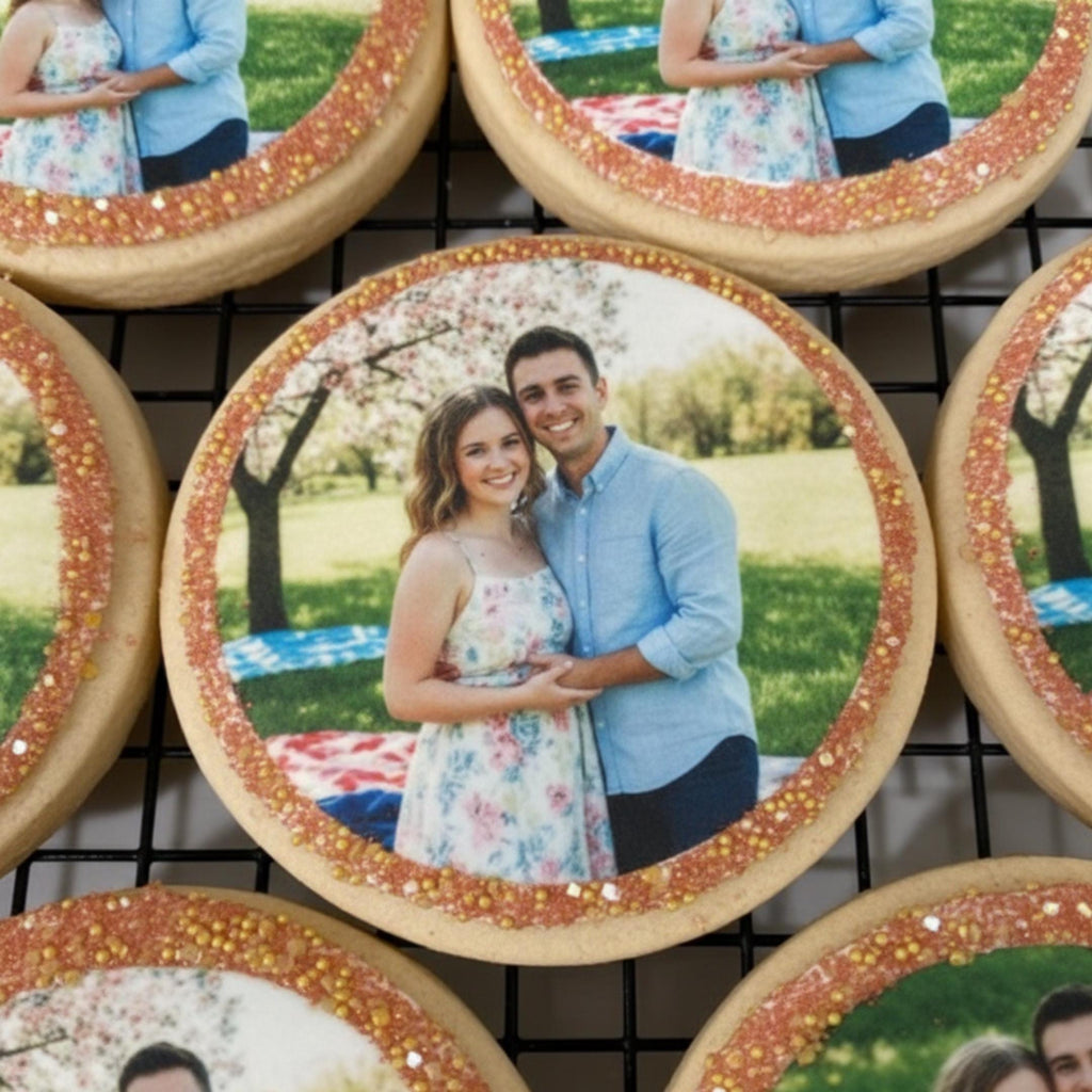 Wedding photo cookie toppers, round edible icing sheet images on royal iced cookies on icing sheets, featuring personalized images for wedding or engagement celebrations. These edible circles are designed to be placed on cookies, cake pops, and desserts, adding a unique and meaningful touch to party favors and dessert tables. Made with food-safe ink, they offer vibrant and clear photo details, perfect for DIY baking projects, weddings, bridal showers, and special occasions