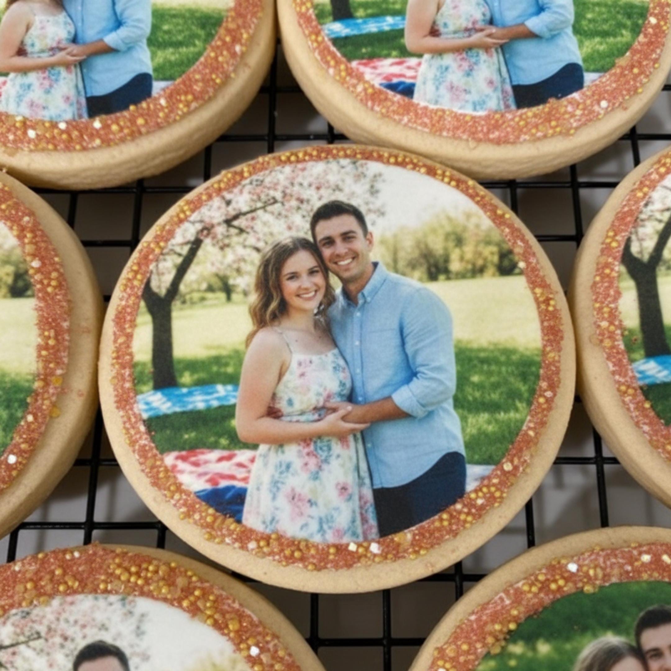 Wedding photo cookie toppers, round edible icing sheet images on royal iced cookies on icing sheets, featuring personalized images for wedding or engagement celebrations. These edible circles are designed to be placed on cookies, cake pops, and desserts, adding a unique and meaningful touch to party favors and dessert tables. Made with food-safe ink, they offer vibrant and clear photo details, perfect for DIY baking projects, weddings, bridal showers, and special occasions