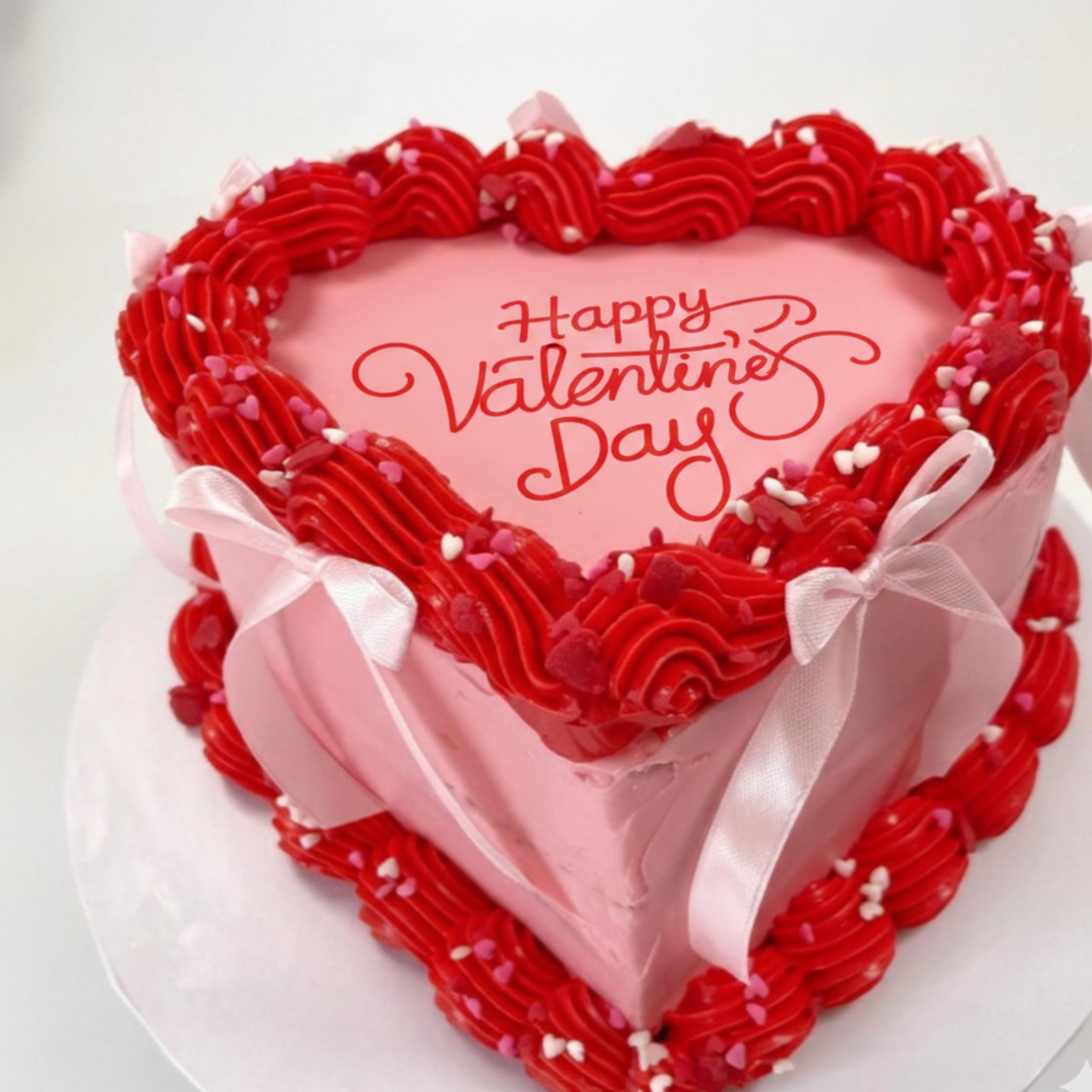 Happy Valentine’s Day red script round edible icing topper on white background.