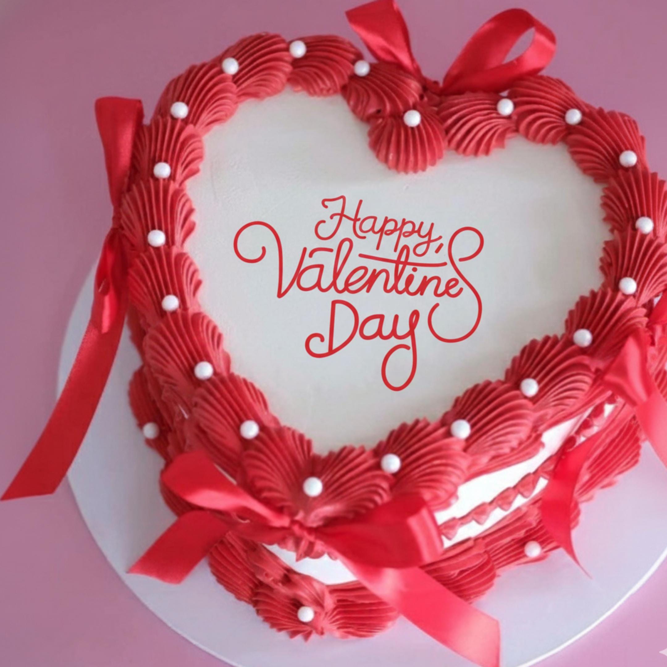 Happy Valentine’s Day red script round edible icing topper on white background.