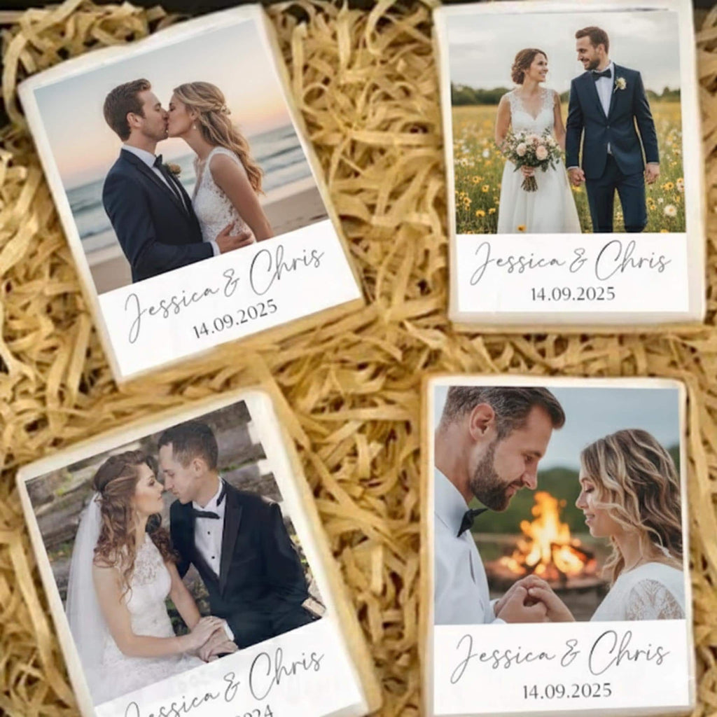 Edible polaroid style photo rectangles on icing sheet, custom caption.