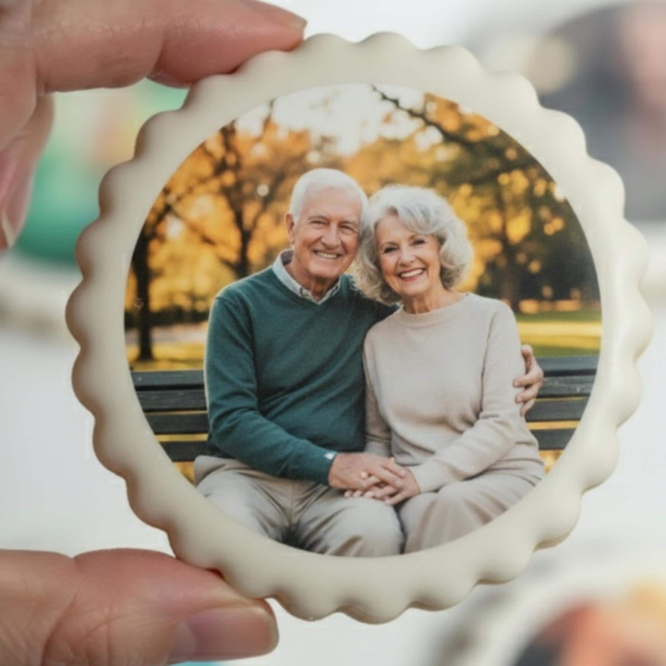 Wedding photo cookie toppers, round edible icing sheet images on royal iced cookies  icing sheets, featuring personalized images for wedding or engagement celebrations. These edible circles are designed to be placed on cookies, cake pops, and desserts, adding a unique and meaningful touch to party favors and dessert tables. Made with food-safe ink, they offer vibrant and clear photo details, perfect for DIY baking projects, weddings, bridal showers, and special occasions