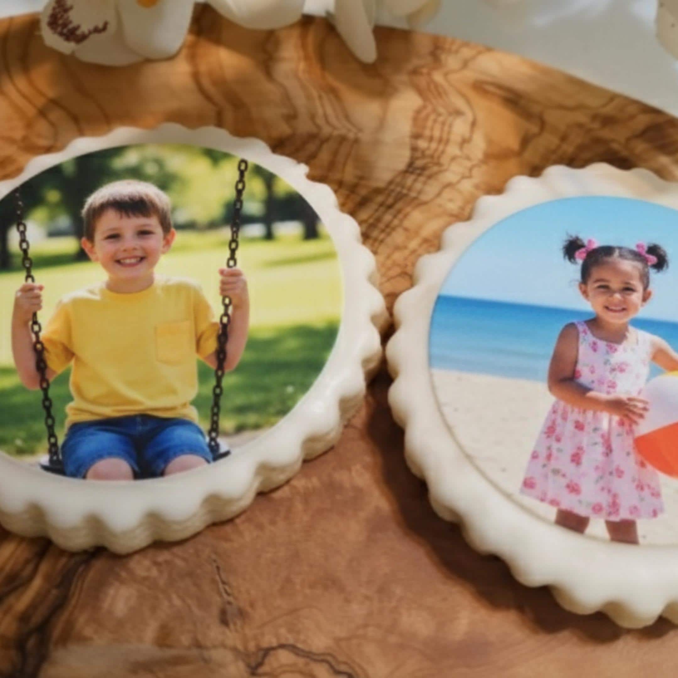 Wedding photo cookie toppers, round edible icing sheet images on royal iced cookies