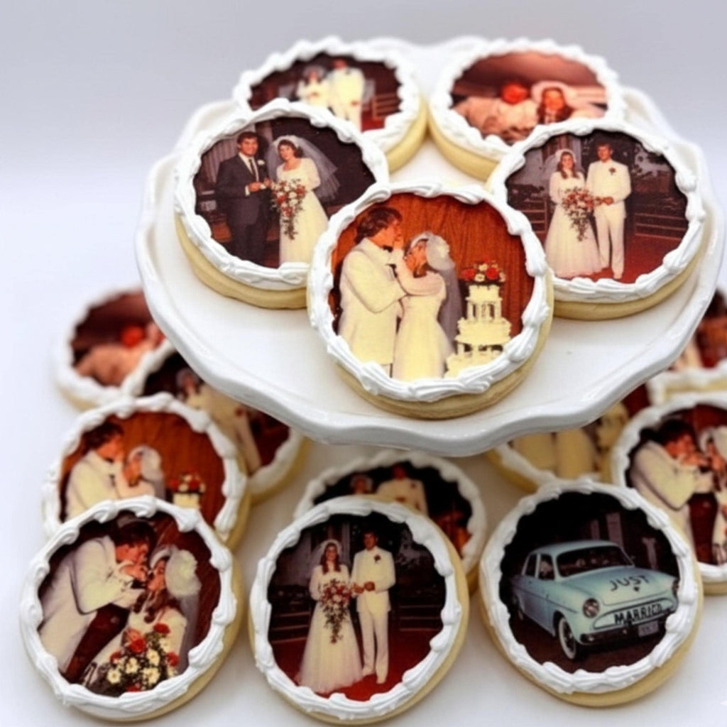 Wedding photo cookie toppers, round edible icing sheet images on royal iced cookies