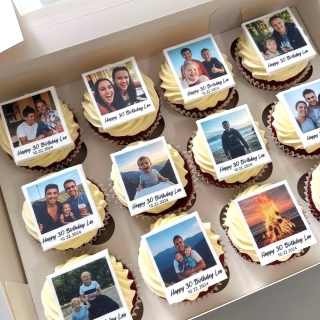 Edible polaroid style photo rectangles on icing sheet, custom caption.