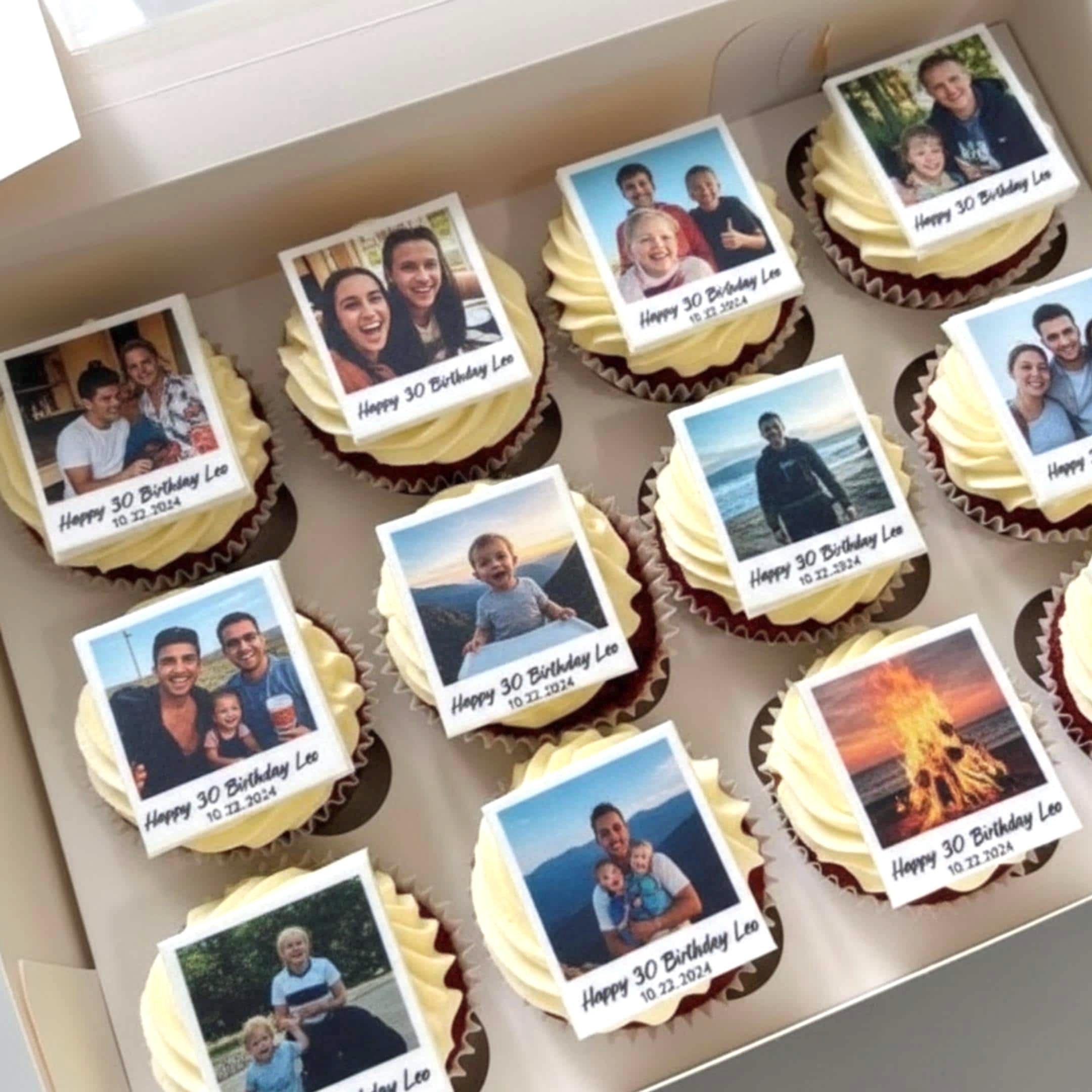 Edible polaroid style photo rectangles on icing sheet, custom caption.