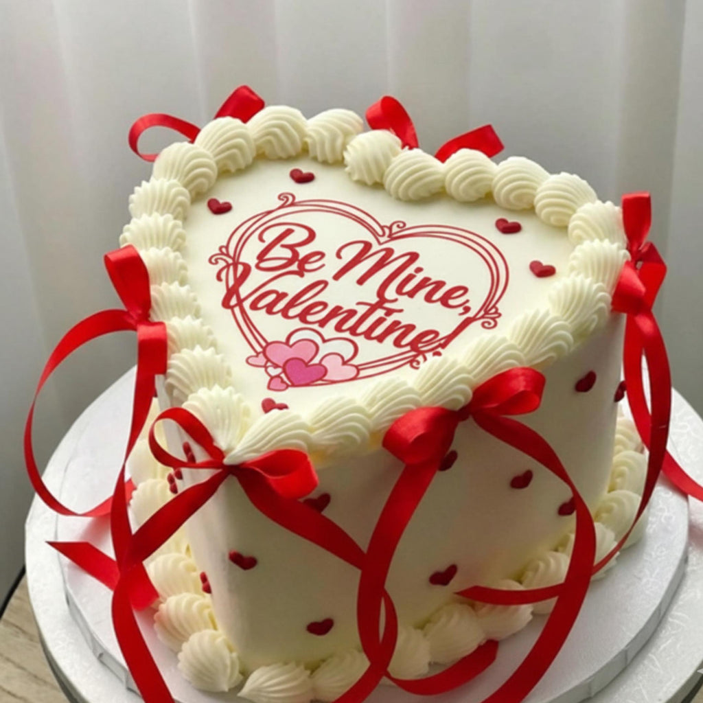 Round icing sheet cake topper with red heart frame and text Be Mine Valentine in script