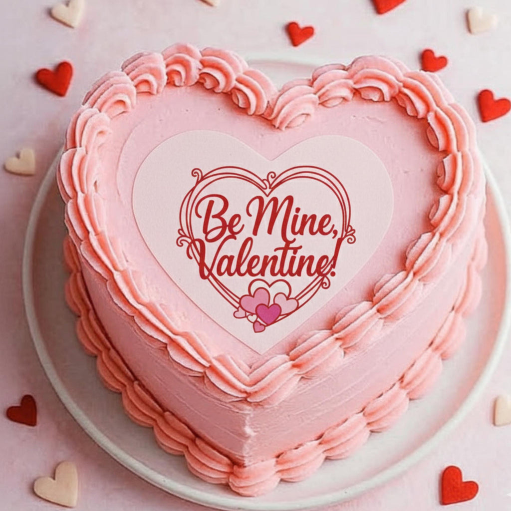 Round icing sheet cake topper with red heart frame and text Be Mine Valentine in script