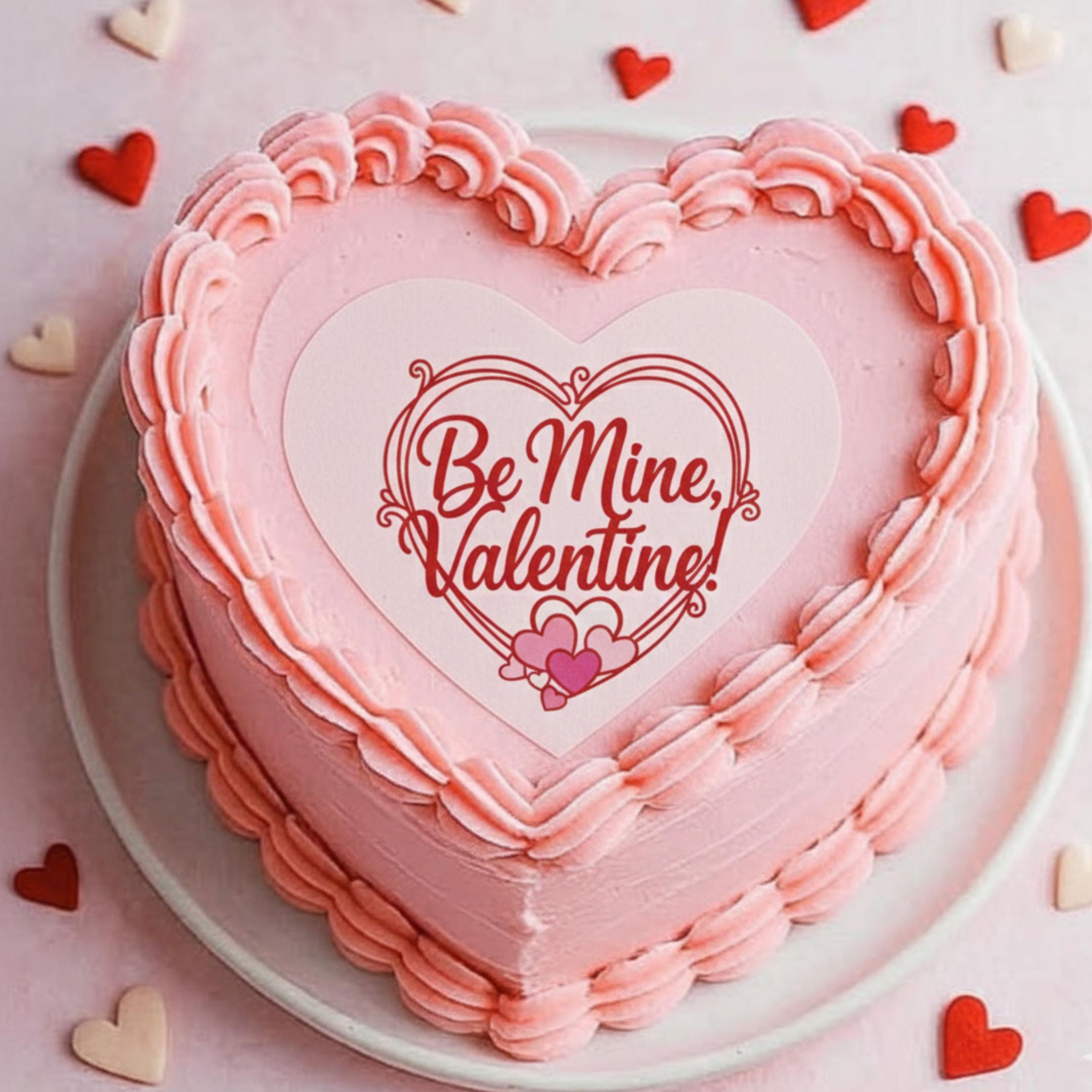 Round icing sheet cake topper with red heart frame and text Be Mine Valentine in script