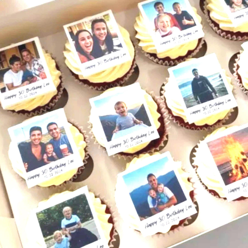 Custom edible cupcake toppers featuring Polaroid-style photo prints on frosting sheets, designed for cakes and cupcakes. These personalized icing images display vibrant colors and clear details, perfect for birthdays, weddings, and special events. Easy to apply on buttercream or fondant, they add a unique and memorable touch to desserts with custom pictures and captions, making every celebration more meaningful and visually appealing