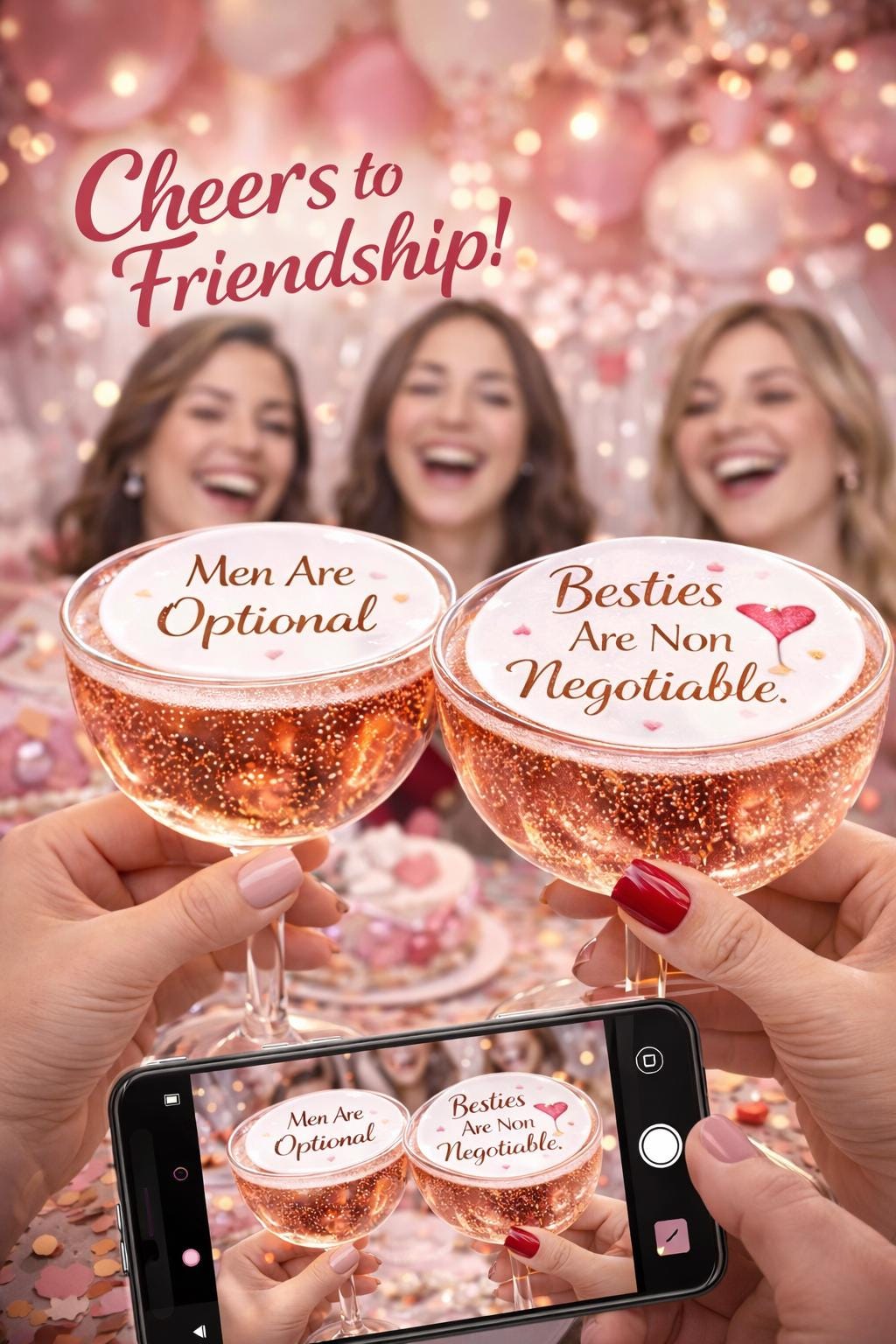 Edible drink toppers designed for Galentine’s Day and girls night parties, featuring vibrant and playful designs placed on cocktails, mocktails, champagne glasses, and cupcakes. Printed on high-quality icing sheets, these decorative toppers add a fun, stylish, and photo-ready touch to party setups, perfect for celebrations like brunch, bachelorette parties, bridal showers, and gatherings with friends.
