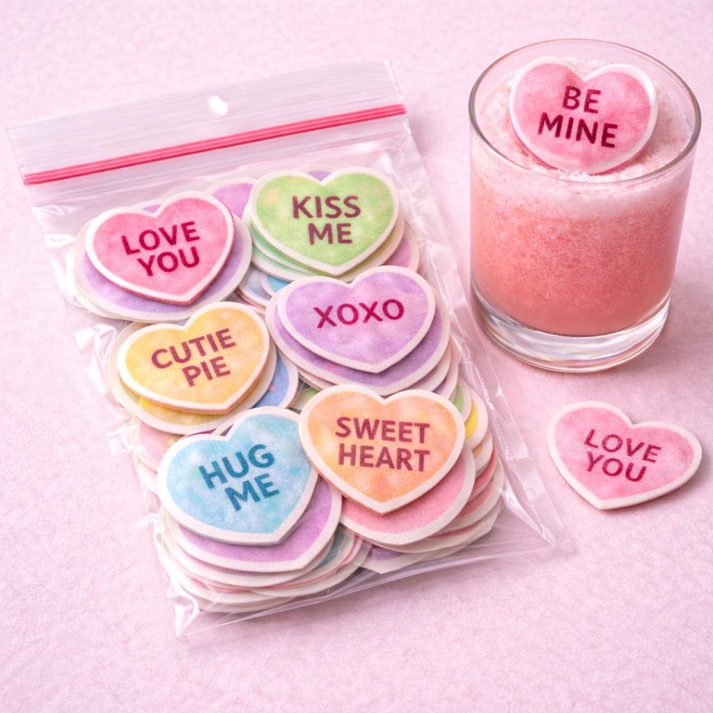 Happy Valentines Drink Toppers Candy Hearts Edible Wafer Paper Conversation Heart