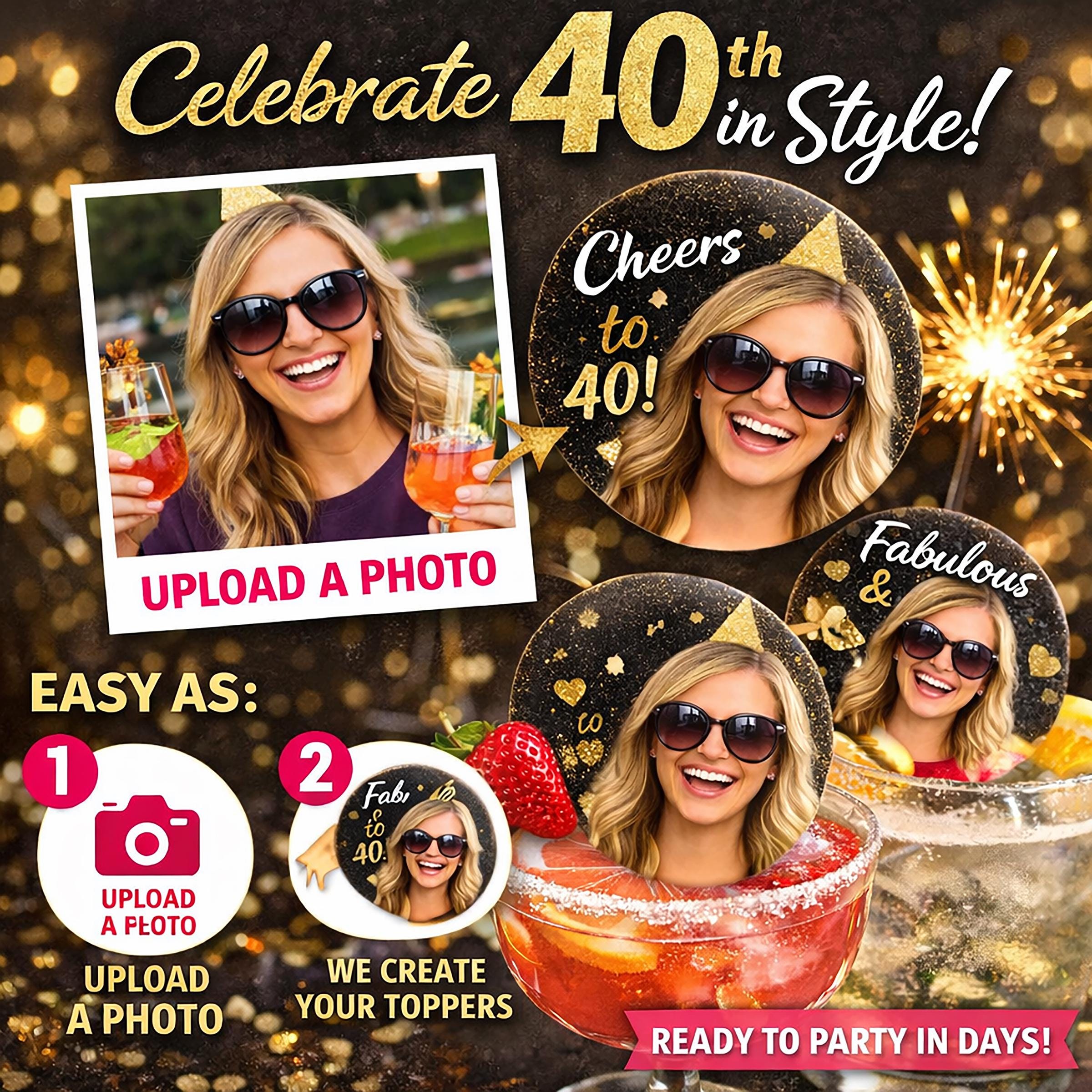 Custom Photo 40th Birthday Drink Toppers 2” Your photo on 2"drink topper in color!
