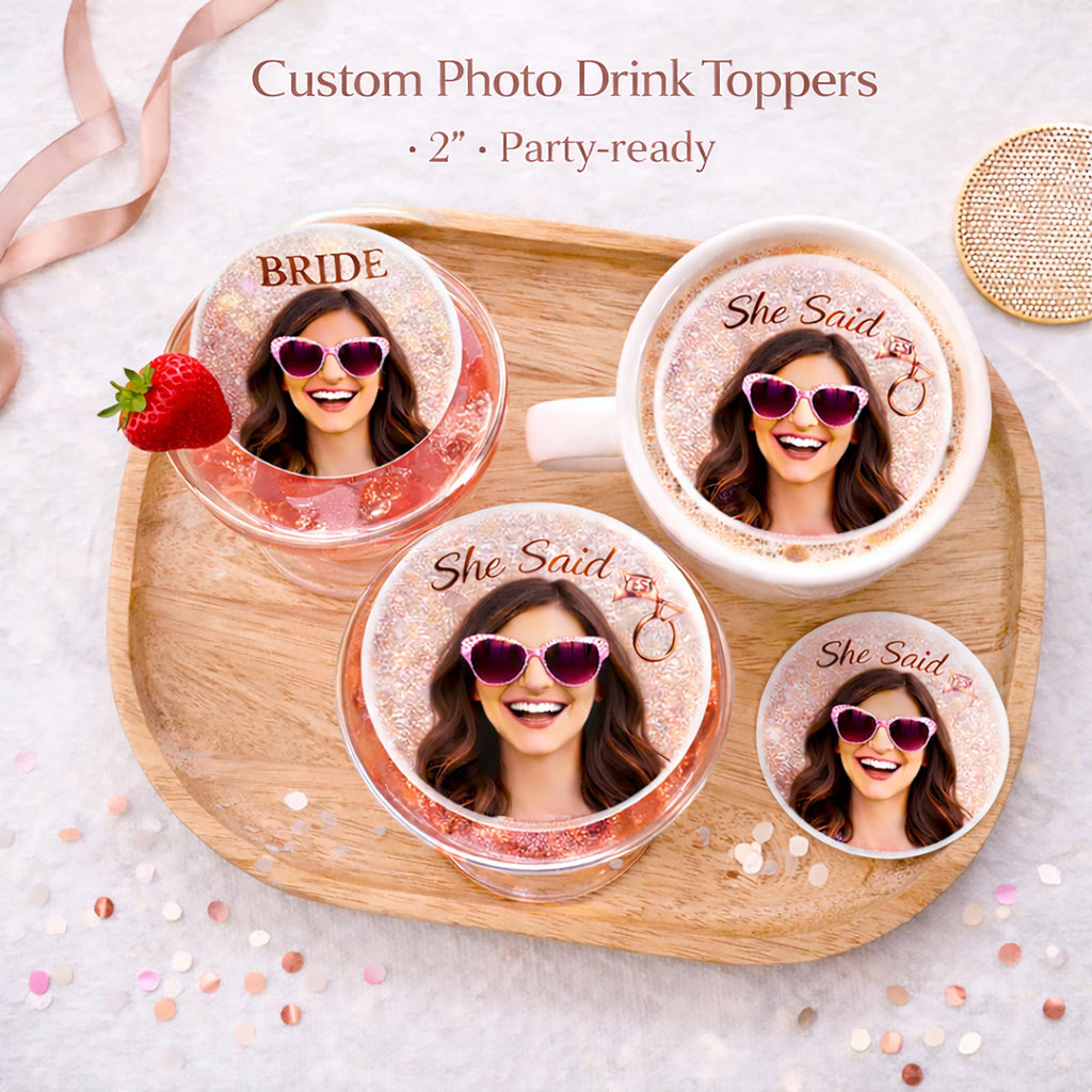 Custom Bachelorette Photo Edible Drink Toppers Wafer Paper Circles Floating Cocktail and Coffee Tops