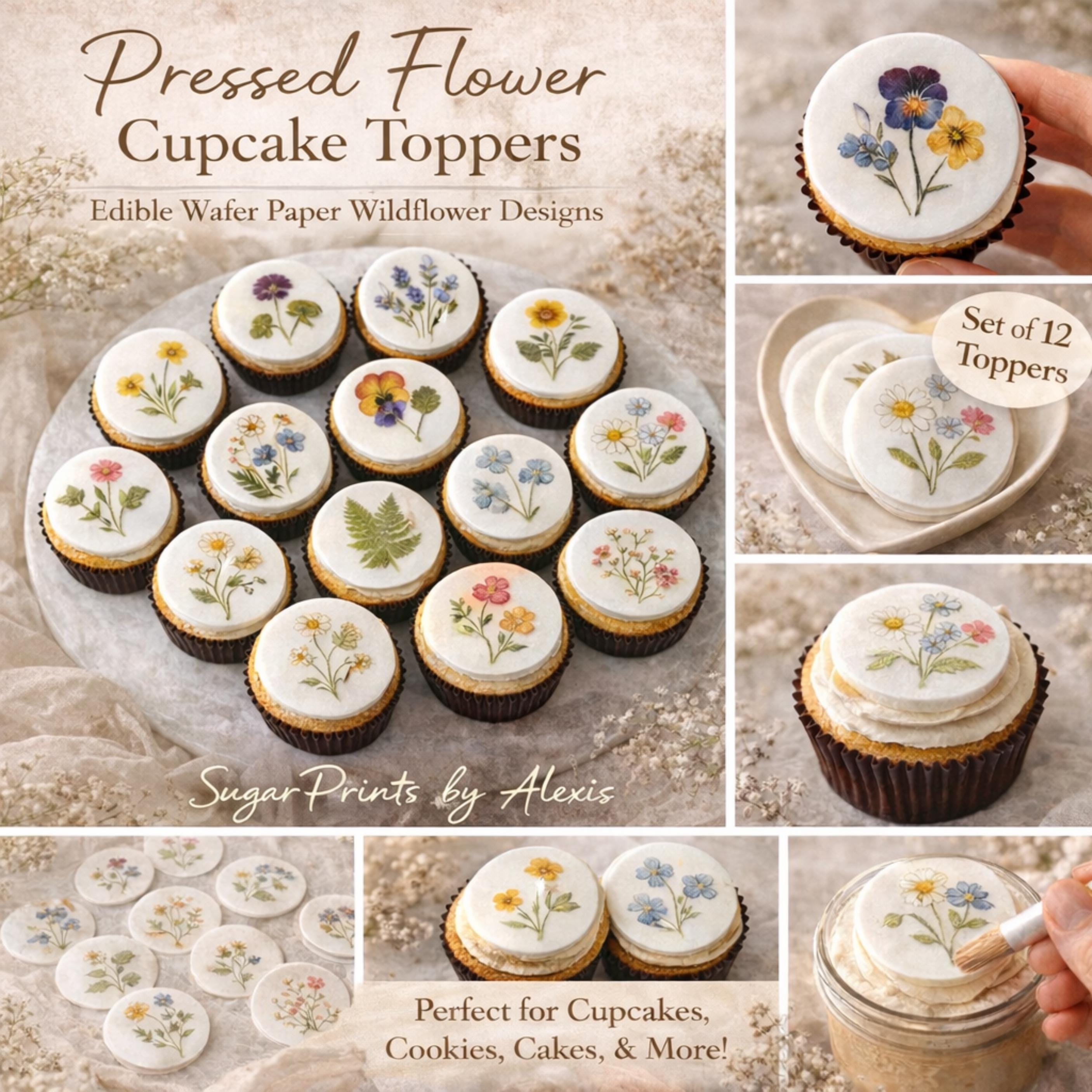 Pressed Flower Edible Cupcake Toppers Set of 12 Wafer Paper or Icing Sheet Wildflower Designs Wedding, Bridal Shower, Garden Party Cake Decor