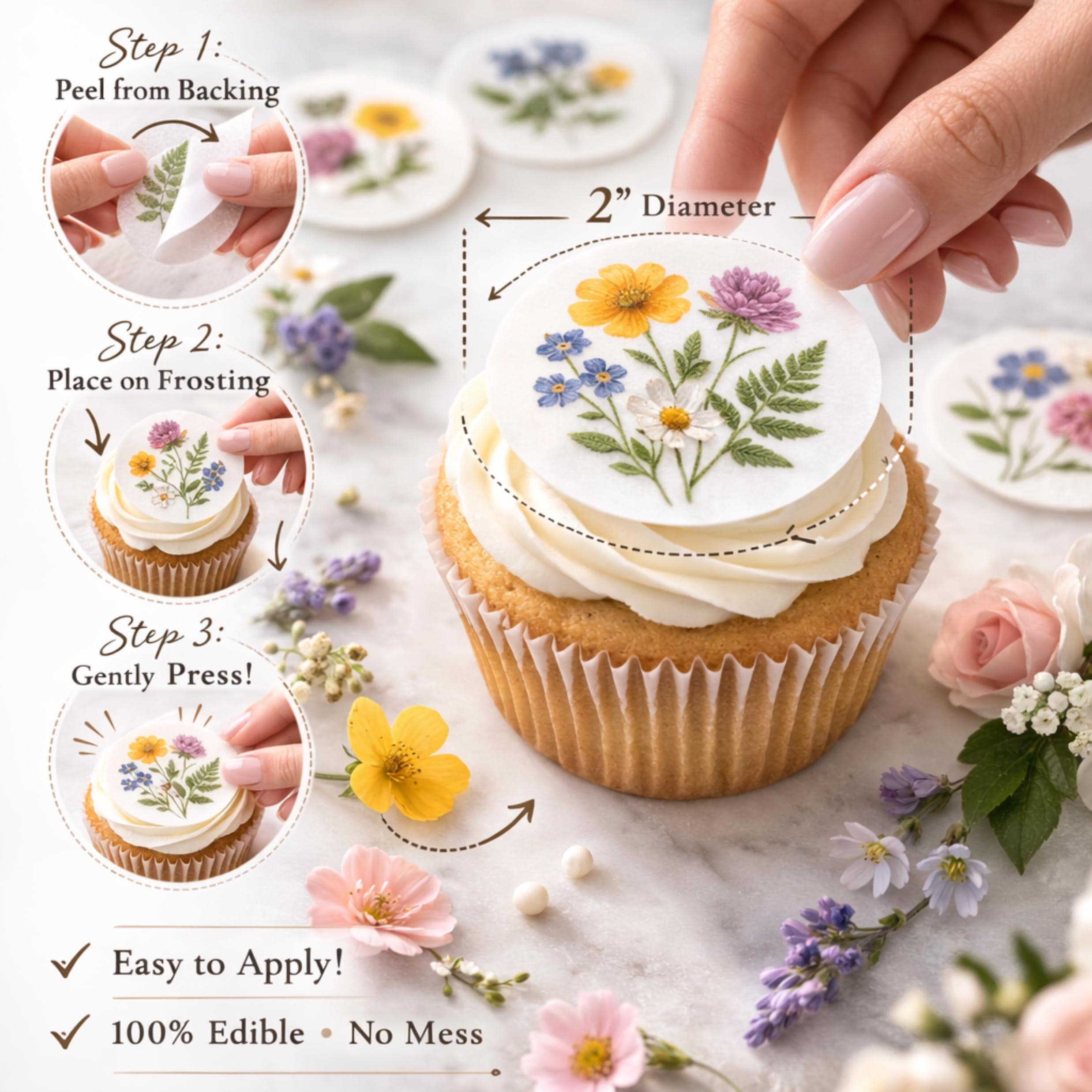Edible cupcake toppers with a floral design, featuring yellow, blue, and purple flowers, and green fern leaves. The toppers are 2 inches in diameter and are shown being applied to a cupcake. The text indicates they are easy to apply and 100% edible