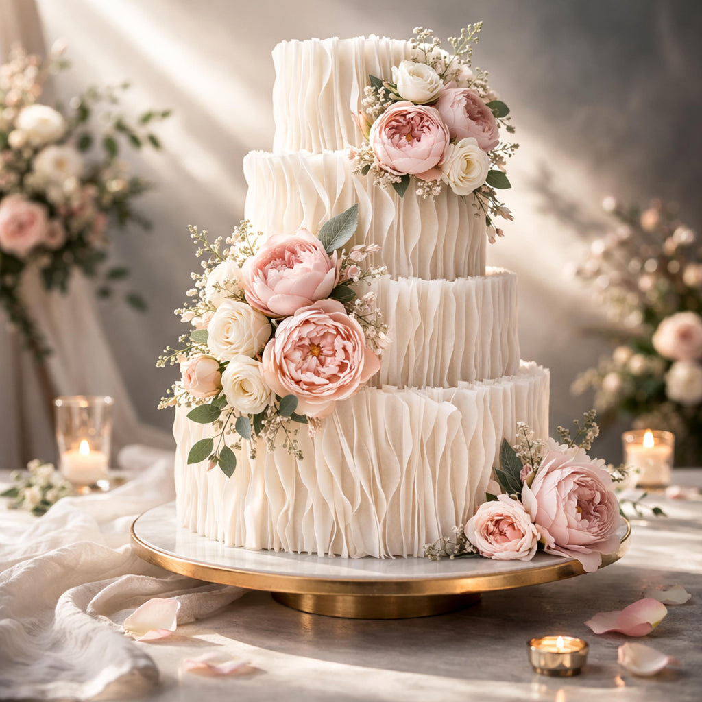 Edible wafer paper ruffle strips for cake decoration displayed in a clean white color, pre-cut thin rectangular strips arranged neatly on a backing board inside food-safe packaging. The delicate paper strips are shown ready for use in cake decorating, ideal for creating elegant textured ruffles on wedding cakes, birthday cakes, and celebration desserts. The lightweight edible material appears smooth, flexible, and precise in size, suitable for fondant and buttercream application.