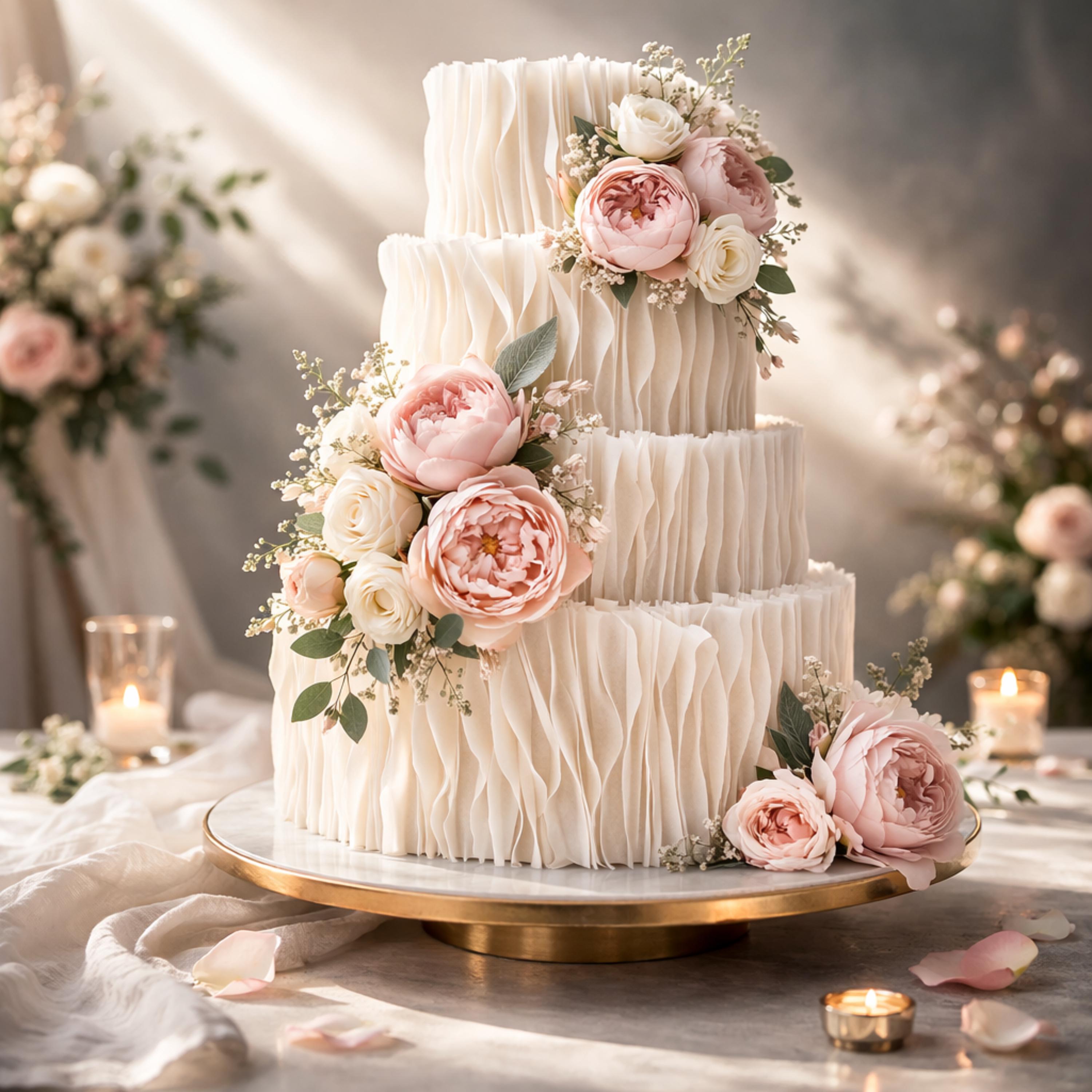 Edible wafer paper ruffle strips for cake decoration displayed in a clean white color, pre-cut thin rectangular strips arranged neatly on a backing board inside food-safe packaging. The delicate paper strips are shown ready for use in cake decorating, ideal for creating elegant textured ruffles on wedding cakes, birthday cakes, and celebration desserts. The lightweight edible material appears smooth, flexible, and precise in size, suitable for fondant and buttercream application.
