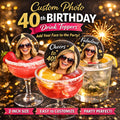 Custom 40th birthday edible photo drink toppers made from wafer paper circles, designed to float on cocktails, mocktails, coffee, and party drinks. Each topper features a personalized high-resolution image printed with food-safe ink, adding a fun and memorable touch to milestone birthday celebrations. Perfect for 40th, 50th, and special events, these edible decorations enhance drink presentation and create a unique, photo-ready party experience for guests