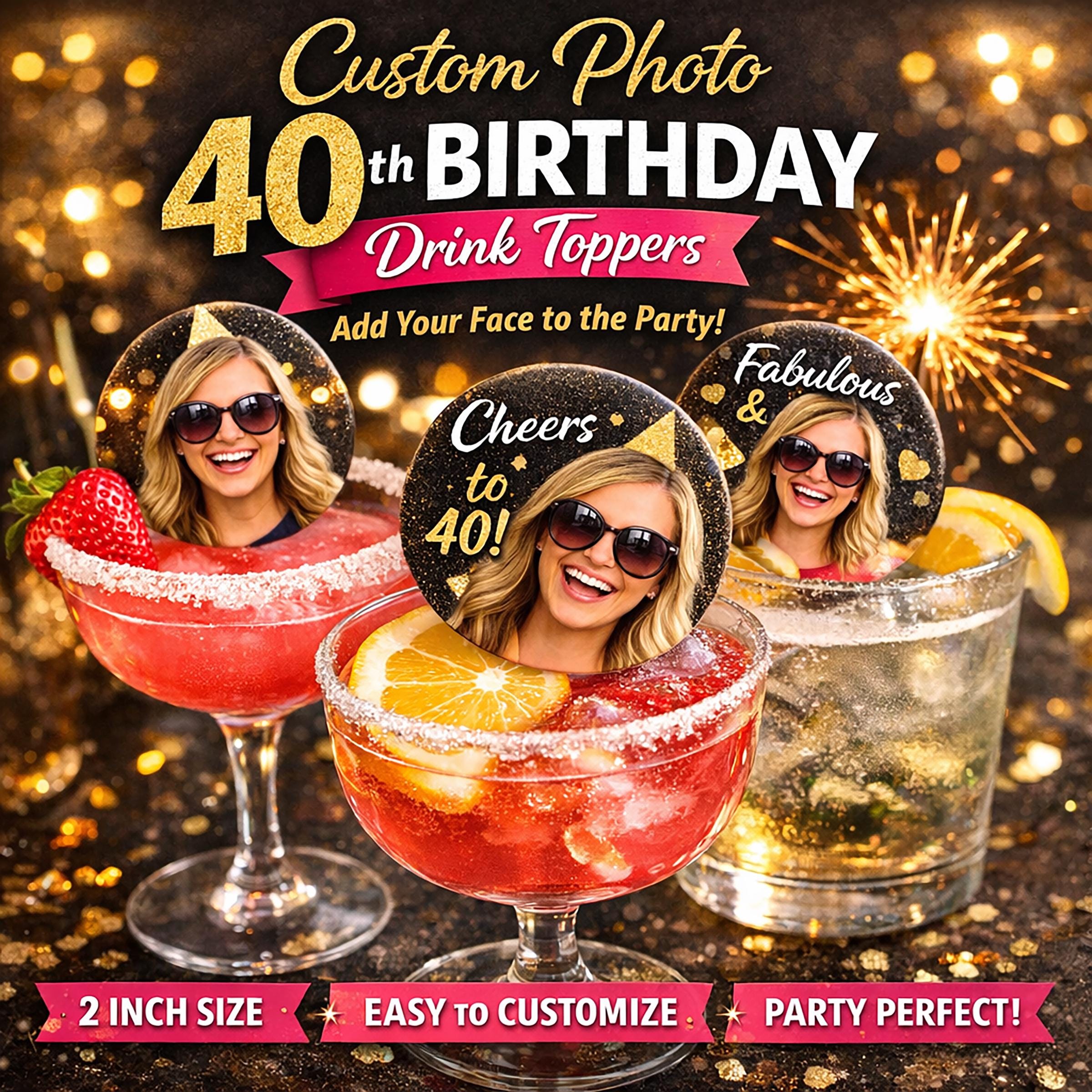 Custom 40th birthday edible photo drink toppers made from wafer paper circles, designed to float on cocktails, mocktails, coffee, and party drinks. Each topper features a personalized high-resolution image printed with food-safe ink, adding a fun and memorable touch to milestone birthday celebrations. Perfect for 40th, 50th, and special events, these edible decorations enhance drink presentation and create a unique, photo-ready party experience for guests