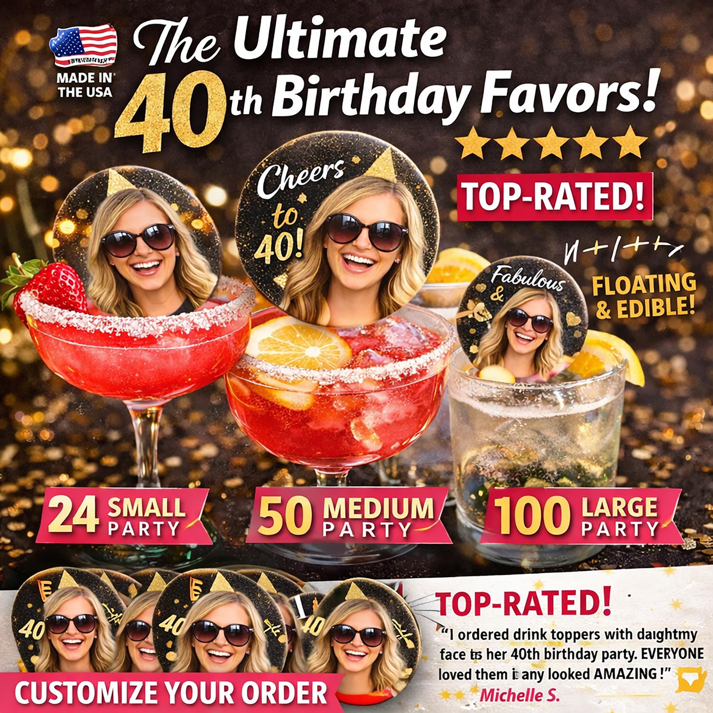 Custom Photo 40th Birthday Drink Toppers 2” Your photo on 2"drink topper in color!
