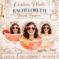Custom edible photo drink toppers designed for bachelorette parties and celebrations, featuring round wafer paper circles printed with a personalized image. These toppers float красиво on cocktails, mocktails, and coffee foam, creating a unique and eye-catching presentation. Perfectly sized for standard glasses, they add a fun, stylish, and memorable touch to party drinks, making events like girls night, birthdays, and special occasions feel more personalized and photo-ready