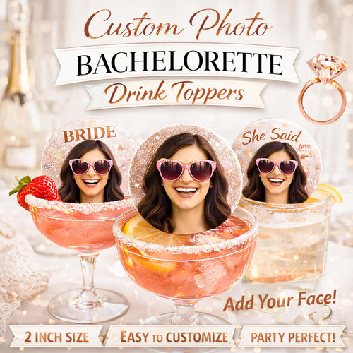 Custom edible photo drink toppers designed for bachelorette parties and celebrations, featuring round wafer paper circles printed with a personalized image. These toppers float красиво on cocktails, mocktails, and coffee foam, creating a unique and eye-catching presentation. Perfectly sized for standard glasses, they add a fun, stylish, and memorable touch to party drinks, making events like girls night, birthdays, and special occasions feel more personalized and photo-ready