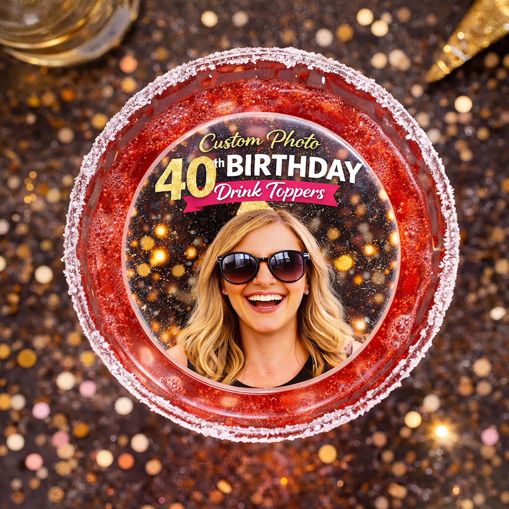 CUSTOM 40th BIRTHDAY Photo Drink Toppers: EDIBLE Wafer Paper Circles, Floating Cocktail Party Decorations