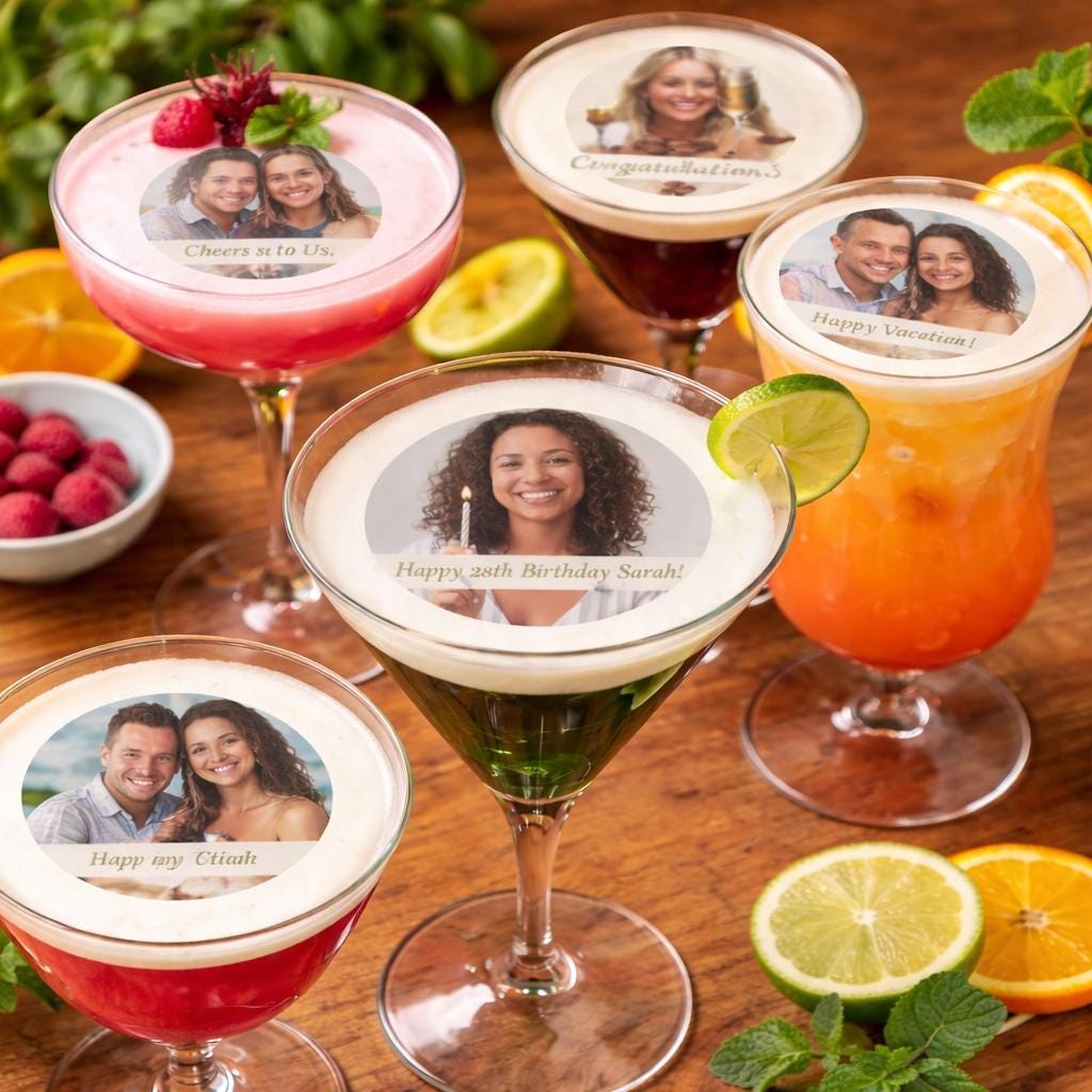 Custom Photo Birthday Edible Drink Toppers Wafer Paper Circles Floating Cocktail