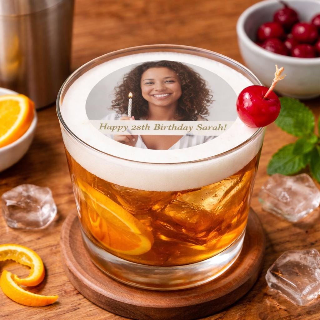 Custom Photo Birthday Edible Drink Toppers Wafer Paper Circles Floating Cocktail