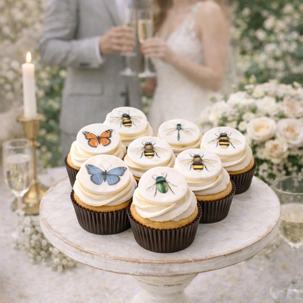 Edible Insect Cupcake Toppers – Set of 12 Wafer Paper or Icing Sheet Butterflies Bees Dragonflies Ladybugs Garden Party Decor