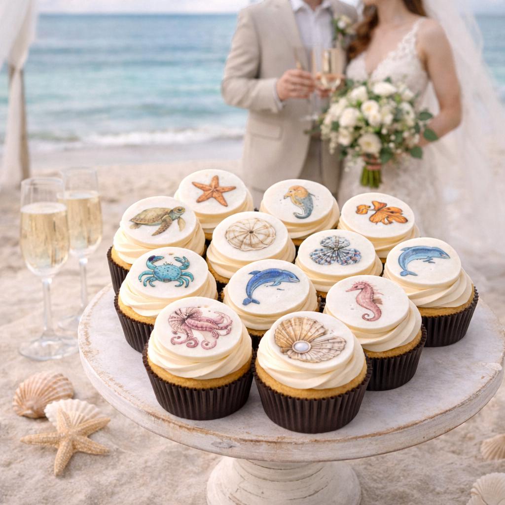 Bespoke Sea Creature Cupcake Toppers Wafer Paper or Icing Sheet Ocean Designs Beach Wedding Party Set of 12