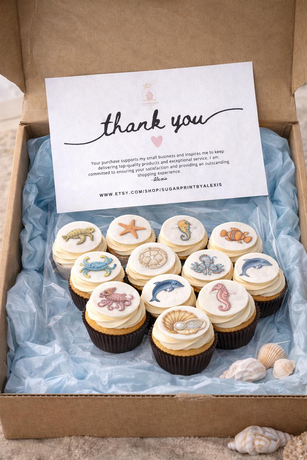 Bespoke Sea Creature Cupcake Toppers Wafer Paper or Icing Sheet Ocean Designs Beach Wedding Party Set of 12