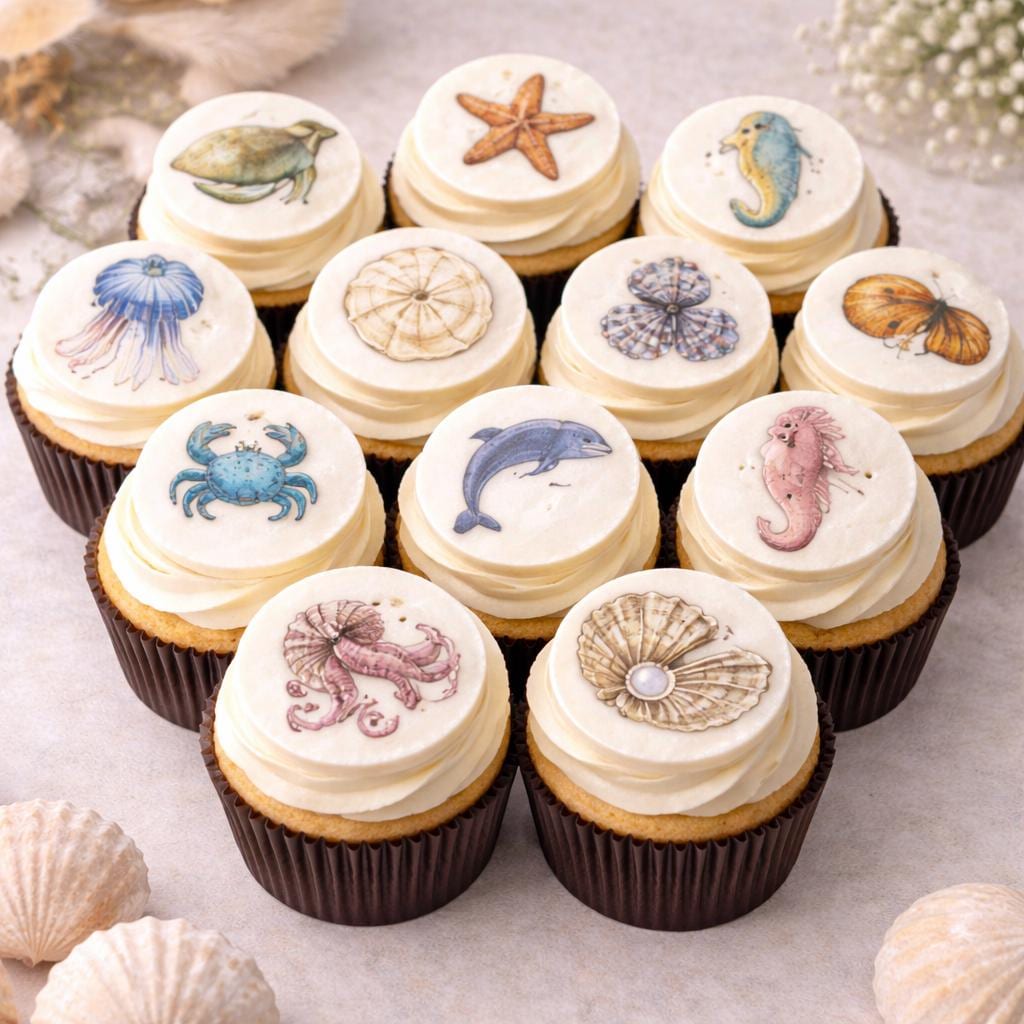 Edible sea creature cupcake toppers, set of 12, vintage ocean designs, 2-inch wafer paper or icing sheets, beach party dessert decorations, includes turtles, seahorses, starfish, dolphins, octopus, and coral fish, professionally printed with food-safe ink, perfect for cupcakes, cookies, or small cakes, coastal wedding, baby shower, or ocean-themed party, lightweight and easy to apply, elegant and whimsical ocean-inspired dessert toppers