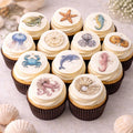 Edible sea creature cupcake toppers, set of 12, vintage ocean designs, 2-inch wafer paper or icing sheets, beach party dessert decorations, includes turtles, seahorses, starfish, dolphins, octopus, and coral fish, professionally printed with food-safe ink, perfect for cupcakes, cookies, or small cakes, coastal wedding, baby shower, or ocean-themed party, lightweight and easy to apply, elegant and whimsical ocean-inspired dessert toppers