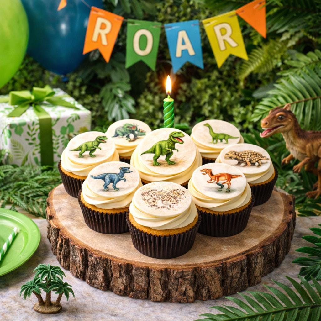 Dinosaur Cupcake Toppers Edible 2 Inch Wafer or Icing Sheet Kids Birthday Party Set of 12