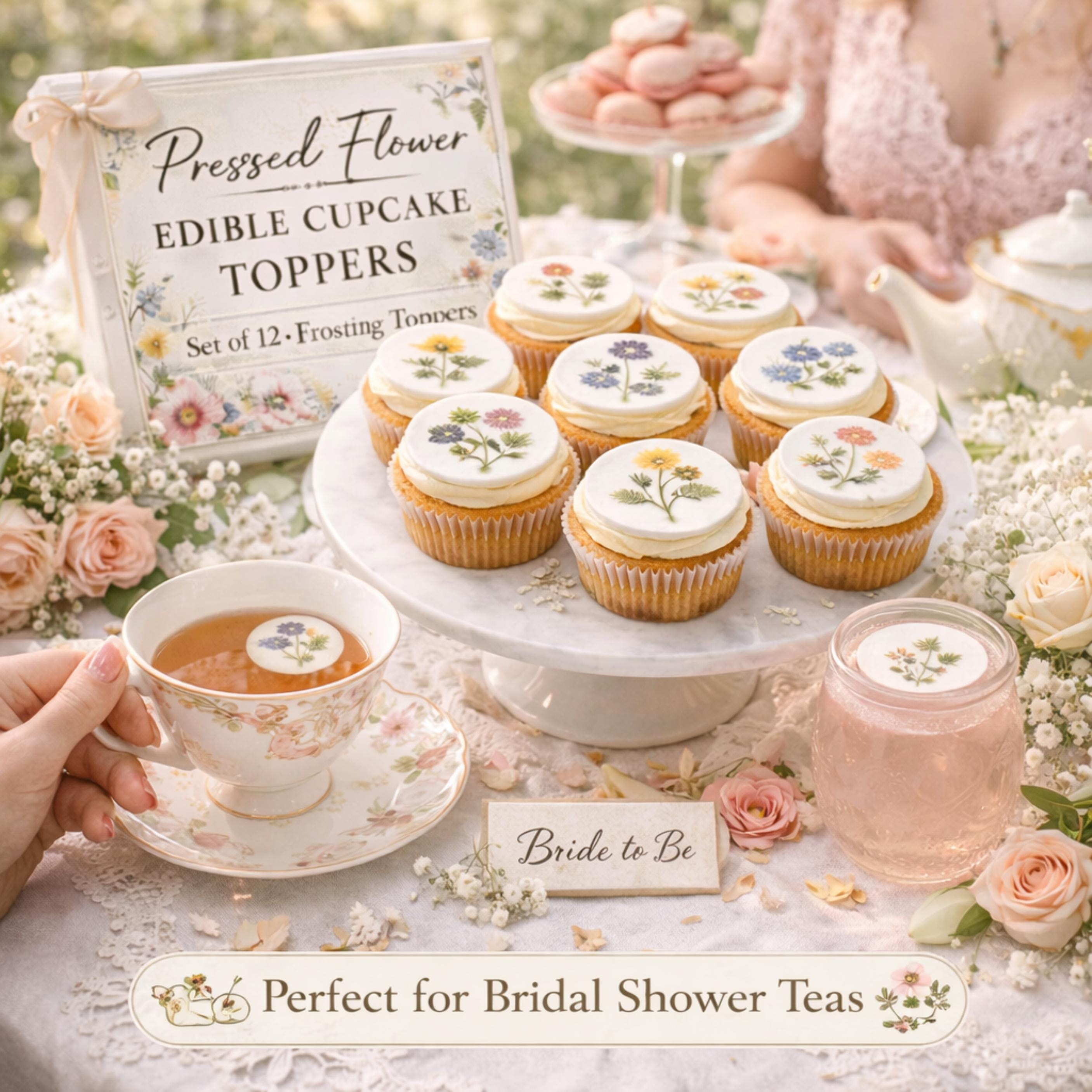 Bridal Shower Edible Wildflower Cupcake Toppers featuring delicate pressed flower designs and botanical floral artwork. Set of 12 edible cupcake decorations printed with food-safe ink on icing sheets or wafer paper. Perfect for bridal showers, wedding showers, engagement parties, tea parties, garden celebrations, and boho floral events. Elegant dessert toppers for cupcakes, cookies, Oreos, brownies, cakes, and beautifully styled dessert tables.