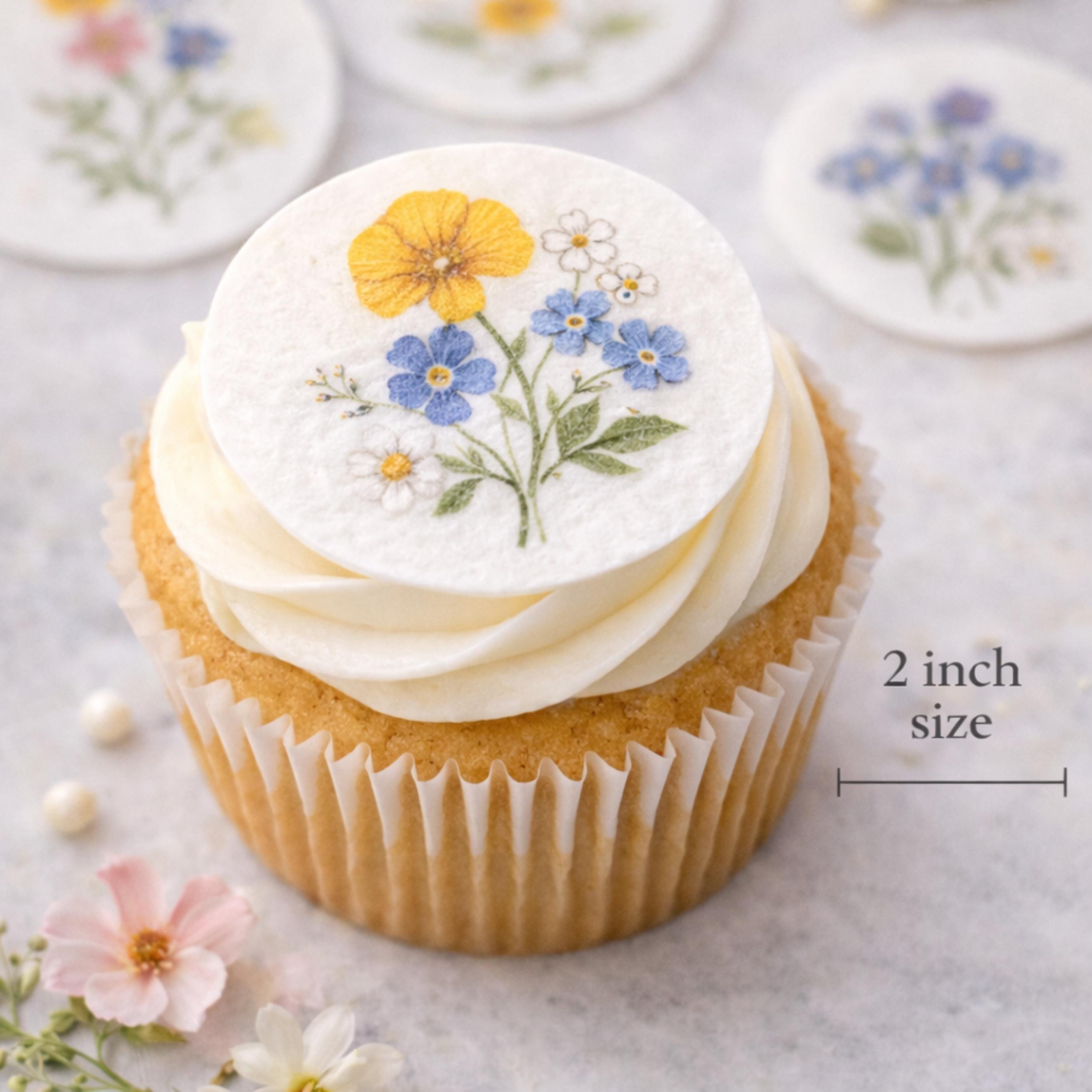 Bespoke Wildflower Pressed Flower Wafer Paper or Frosting Sheet Edible Cupcake Toppers Set of 12