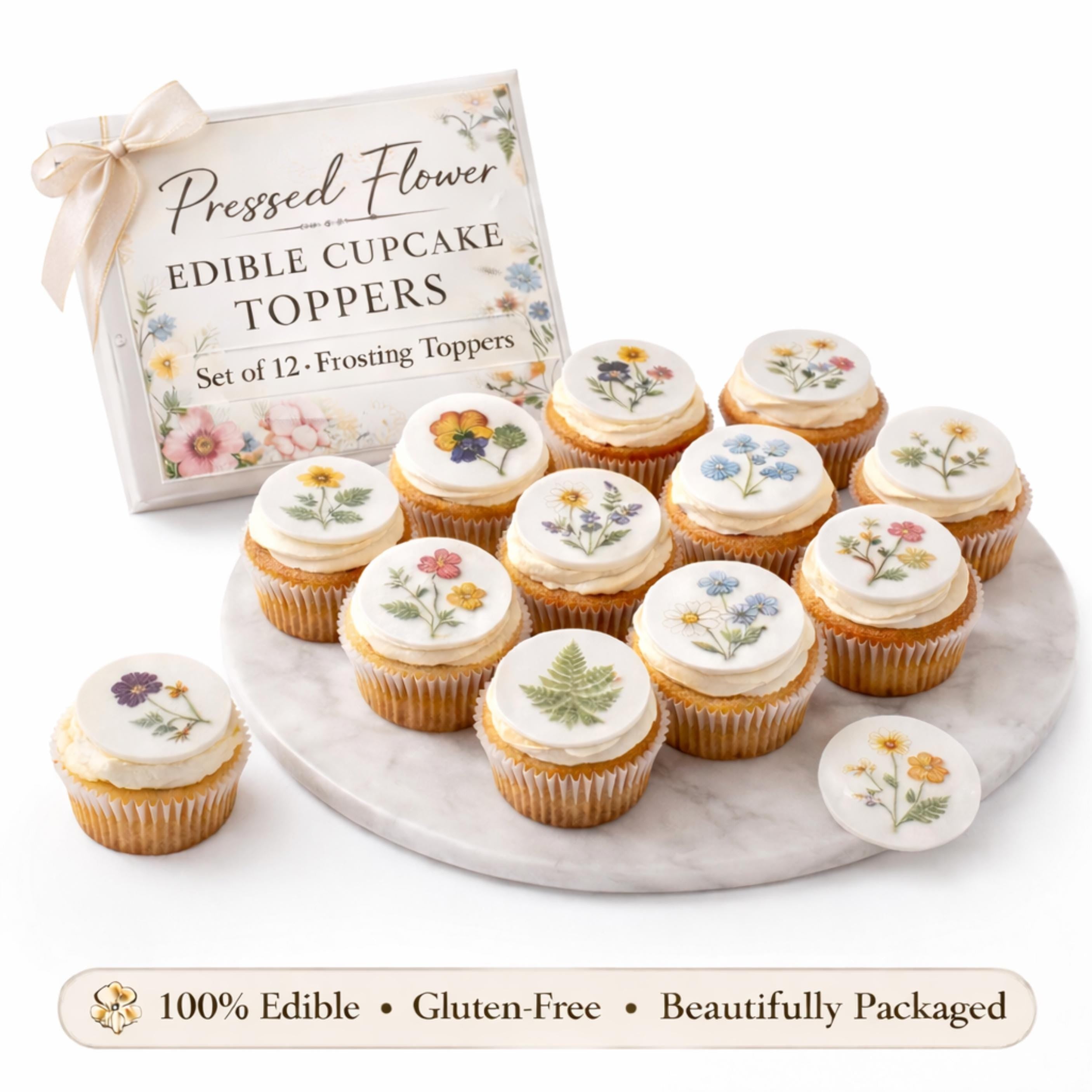 Pressed Flower Edible Cupcake Toppers Set of 12 Wafer Paper or Icing Sheet Wildflower Designs Wedding, Bridal Shower, Garden Party Cake Decor