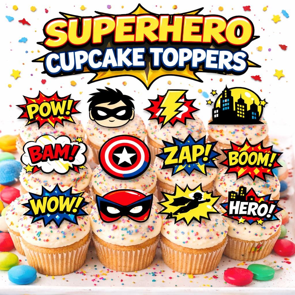 Edible superhero cupcake toppers featuring colorful comic hero designs printed on premium wafer paper for boys birthday parties and superhero themed celebrations. These vibrant cupcake decorations are perfect for cupcakes, cookies, brownies, mini cakes, and dessert tables. Pre-cut edible toppers are easy to apply on buttercream, fondant, or whipped frosting, creating fun bakery-style treats for comic book parties, Avengers inspired events, classroom celebrations, and kids birthday desserts.