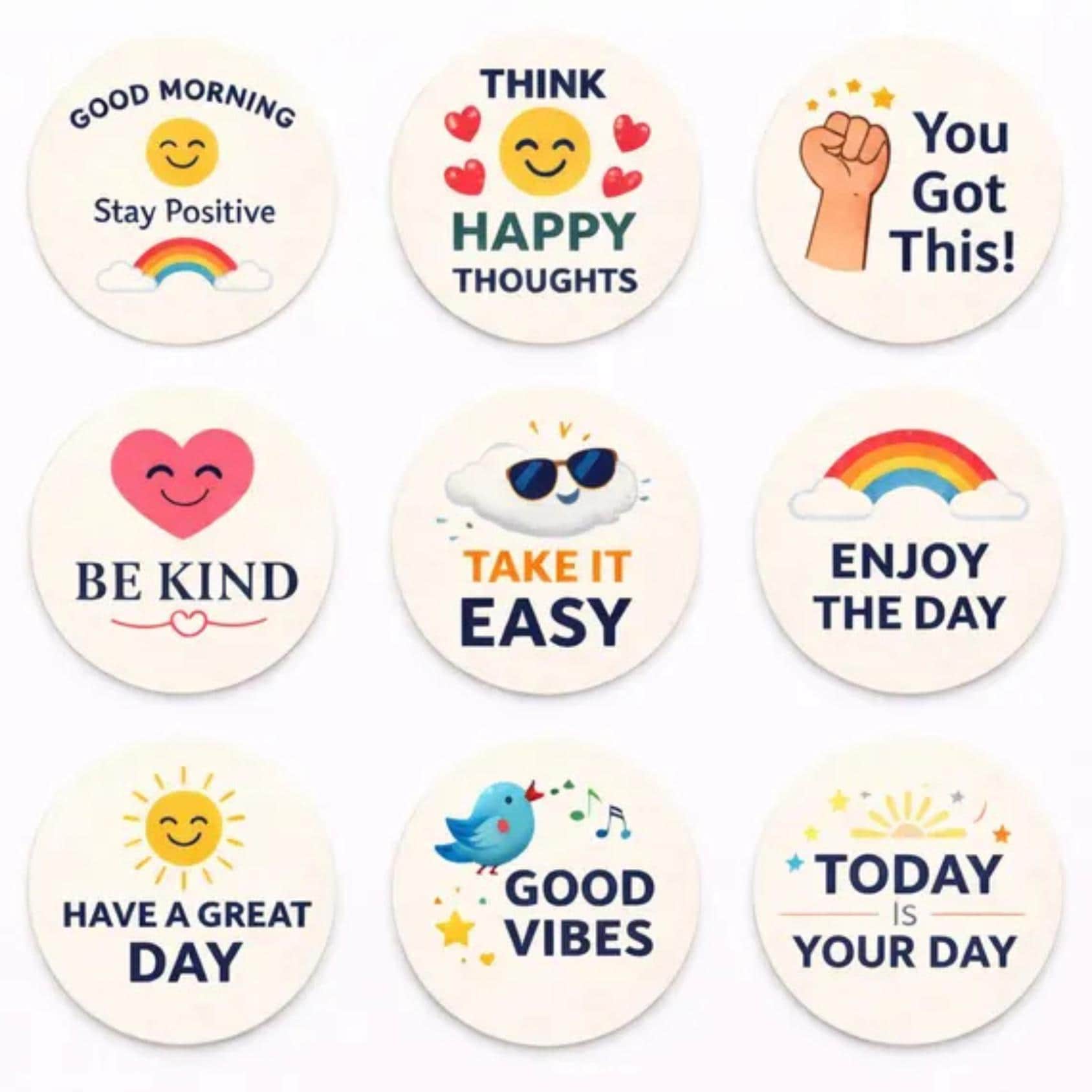 Set of 12 edible latte toppers with positive vibe messages, 2-inch gluten-free vegan wafer paper circles designed to float on coffee foam. Perfect for lattes, cappuccinos, and hot drinks, featuring minimalist designs and uplifting quotes. Ideal for brunch, cafés, coffee bars, and events. Easy to use, food-safe, and mess-free, creating Instagram-worthy coffee art and adding a cheerful, stylish touch to every drink.