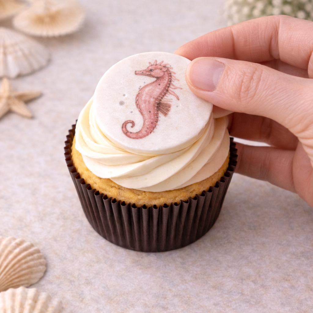 Bespoke Sea Creature Cupcake Toppers Wafer Paper or Icing Sheet Ocean Designs Beach Wedding Party Set of 12